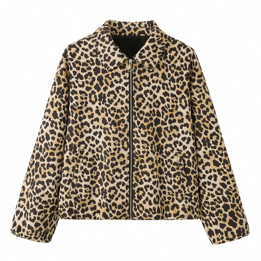 Women's Fashion Front Pocket Lapel Collar Casual Leopard Print Woven Fabric Zipper Flight Jacket For Daily Spring And Autumn Wear