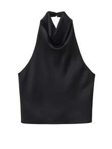 Top de satén de unicolor con cuello halter y espalda descubierta para primavera/verano - Negro - Ver 3