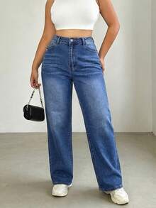 Women's Plus Size Elastic Waist Mid Rise Wide Leg Jeans Baggy Straight Leg Casual Jeans For Curvy Loose Fit Denim Pants Summer Fall - Blue - View 7