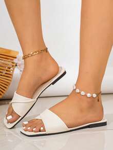 Scarpe eleganti da donna Louis, 1 paio di sandali estivi nuovi con fiocco e punta aperta, stile minimalista, tomaia in pelle PU bianca pura con nodo, suola morbida antiscivolo e punta quadrata, scarpe da spiaggia eleganti, sandali estivi da strada, adatti per spiaggia, casa, strada, vacanza e varie occasioni, pantofole bianche versatili da donna per il pendolarismo - Beige - Visualizzare 5