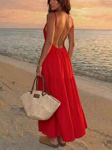 Women's Lightweight Breathable Spaghetti Strap Sleeveless Solid Color Bohemian Style Backless Ruffle Hem Dress, Perfect For Vacation, Casual Wear And Travel - Red - View 1