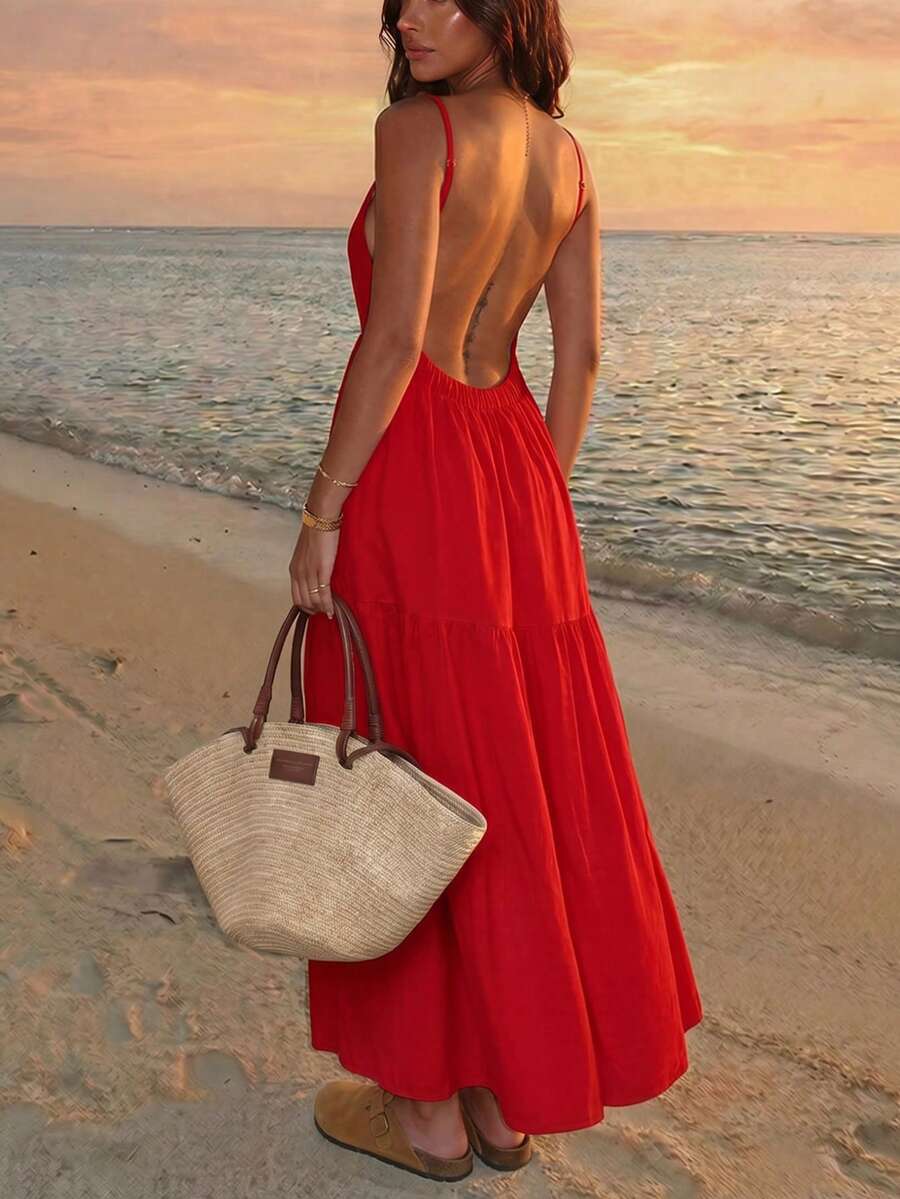 Women's Lightweight Breathable Spaghetti Strap Sleeveless Solid Color Bohemian Style Backless Ruffle Hem Dress, Perfect For Vacation, Casual Wear And Travel - Red - View 1