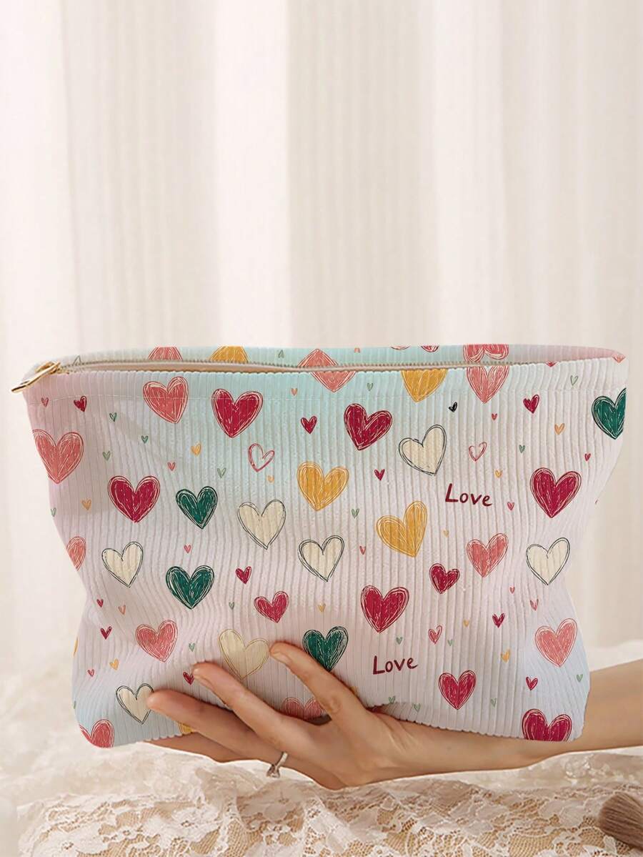 1pc Portable Cosmetic Storage Bag Heart Pattern Double-Sided Printed Travel Zipper Makeup Bag Multi-Functional Toiletries Organizer - Multicolor - View 1