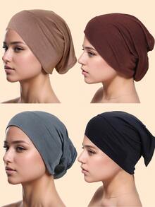 Women's Mercerized Cotton Beanie Hat, Suitable For Daily Wear - Navy Blue + Dark Gray + Burgundy + Dark Khaki - View 3