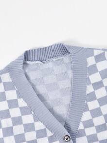 Teen Boys Grey Blue Checkerboard V-Neck Knit Cardigan, Loose Fit Dropped Shoulder Single-Breasted College Style Sweater, Spring/Autumn - Grey - View 9