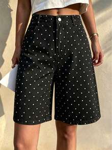 100% Cotton Polka Dot High Waist Wide Leg Shorts For Women Summer Casual Comfy Denim Shorts With Pockets Vacation - Black - View 2