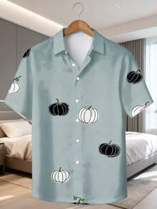 Men's Short Sleeve Hawaiian Casual Shirt Halloween Costume Pumpkin Black White Pattern Print Graphic Print, Party Holiday Wear - 彩色 - 查看 2