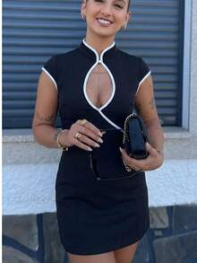 GMFP Women's Spring/Summer Casual Elegant Fashion Black Woven Dress, Contrast Trim, Suitable For Daily Wear, Vacation Season, Graduation Season, Halloween Party - Black - View 7