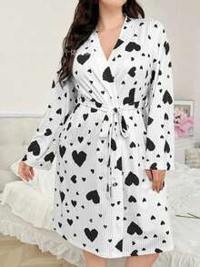 Women's Plus Size Long Sleeve Pink Heart Pattern Bathrobe With Belt, Ribbed Texture Loose Fit Morning Robe, Mid-Length Suitable For Summer, Spring And Autumn, For Bathroom, Gym, Hotel, Beach Vacation, Daily Essentials, Home And Travel, Holiday Gift - Multicolor - View 14