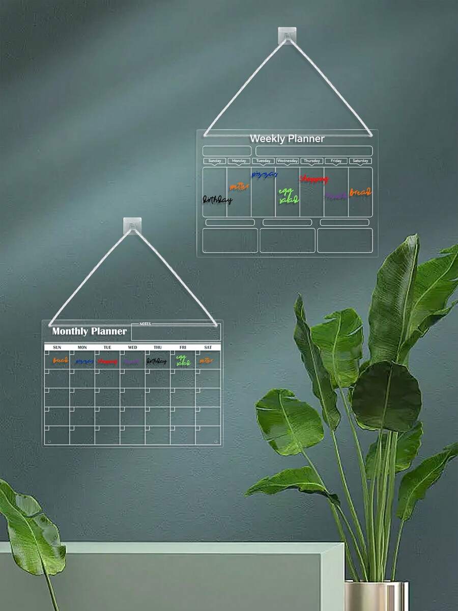 Transparent Acrylic Wall-Mounted Planning Board Set, Weekly / Recipe / Monthly Planner 3 Options, Erasable Reusable Whiteboard With Markers, Hooks And Hanging Rope, Back To School - Multicolor - View 1