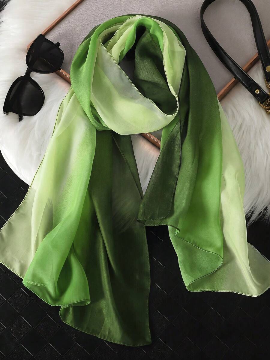1pc Women's Simple Classic Gradient Color Lightweight Chiffon Scarf, Skin-Friendly Comfortable Sun Protection Shawl, Suitable For Daily Use - Green - View 1