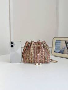 Mini New Fashion Straw Woven Gold Chain Drawstring Bucket Bag Beach Bag - Red - View 8