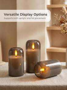 Gray LED Candle Lights, 3-Piece Flameless Candles, Candle Warmers, Candle Holders, 3D Dynamic Flame Battery-Powered Candles (Batteries Not Included), Suitable For Holiday Celebrations, Wedding Occasions, Gift Giving, Fireplace Decor, Home Decoration (Gray, Sizes 3"X4", 5", 6") - Grey - View 7