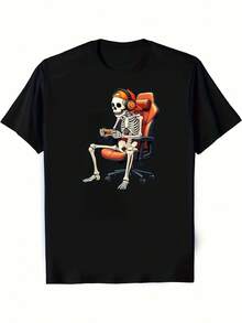 Vintage Halloween Funny Skeleton Gaming T-ShirtCasual Round Neck Tee for S & S - Durable Spring Summer Holiday Apparel Clothing, Best Gift for - Schwarz - Übersicht 2