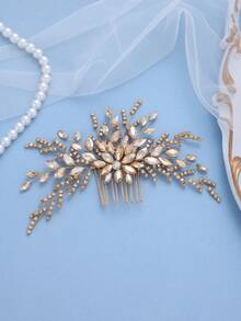 Luxury Champagne Transparent Crystal Leaf Hair Comb, Handmade Bridal Headpiece, Sparkling Rhinestone Wedding Hair Accessory, Suitable For Women's Ball, Party Wear - Champagne - View 2