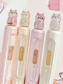 一盒4支装创意猫咪造型0.5mm速干中性笔，速干黑色墨水，轻巧塑料笔身，办公用品黑色中性笔，可爱猫咪珠光闪粉按压式中性笔，书写流畅，适用于办公、日记、猫咪爱好者礼物、新奇文具、创意设计、耐用材质，办公人员专属 - 彩色 - 查看 3