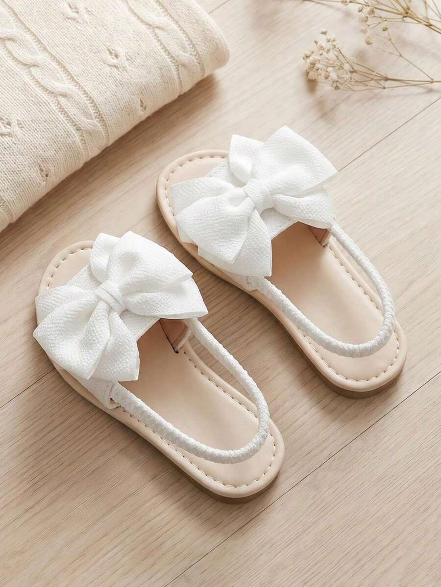 1 Pair 2026 New Girls' Slippers, Fabric Material With Bowknot, Backstrap Design, Suitable For Summer Outings And Matching - White - View 1