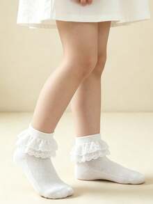 4 Pairs Solid Color Cotton Lace Trim Double Layer Princess Ballet Dance Socks For Kids & Toddlers - Champagne - View 7