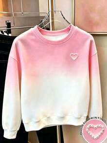 Tween Girl Heart Pattern Print Crew Neck Long Sleeve Sweatshirt - Pink - View 1