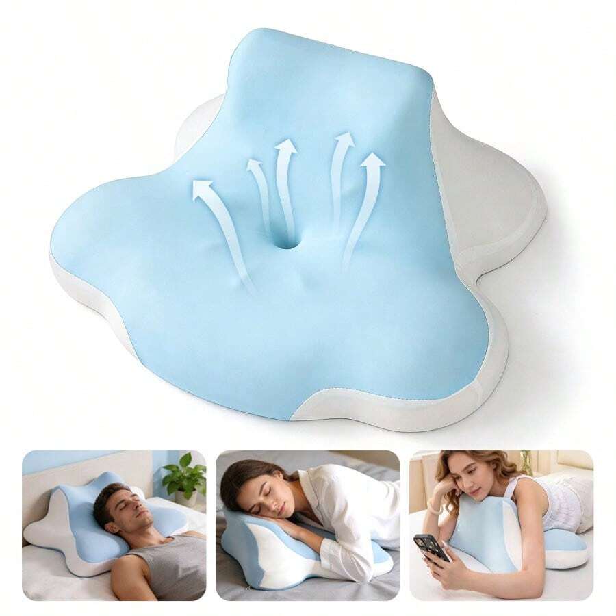 4 In 1 Blaue & Weiße Orthopädische Schmetterling Gedächtnis Schaumstoff Hals Kissen, Doppelseitiges Ergonomisches Schlafkissen Für Seiten Rücken Magen Schlafen, Unterstützung Kissen Für Ruhe & Bett Lesen - Blue and White - View 1
