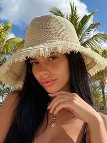 1pc Women's Straw Hat, Spring/Summer Beach Seaside Travel Sun Protection Vacation Wide Brim Sun Hat, Bohemian Style - Beige - View 1