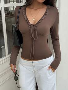 SCARLUX Autumn Y2K Women's Brown Lace Trim V-Neck Long Sleeve Top, Lace-Up Front Slim Fit Cropped T-Shirt, Casual Style - Brown - View 11