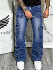 American Street Clean Fit Retro Washed Blue Casual Denim Jeans Men Slim Fit Flared Leg Slimming Long Pants - Blue - View 3
