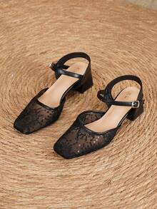 2026 New Women's Apricot Lace Mary Jane Slingback 4.5cm Chunky Heel High Heels Square Toe Single Strap Closed Toe Pumps Wedding Elegant Versatile French Style Shoes - Black - View 7