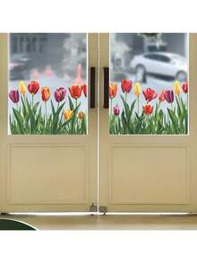 1pc Realistic Colorful Tulip Window Sticker - Spring Floral Greenery Glass Home Decor Static Cling Sticker - Removable Spring Garden Home Glass Sticker, No Glue Needed, No Residue, Spring Floral Theme Home Window Decoration Sticker - Colorful Tulips - View 4