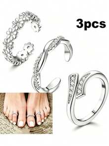 3 piezas Anillos de dedo del pie abiertos y ajustables, Anillos de dedo del pie con flores de strass, Diseño de nicho de lujo, Versatilidad de capas - Plateado - Ver 1