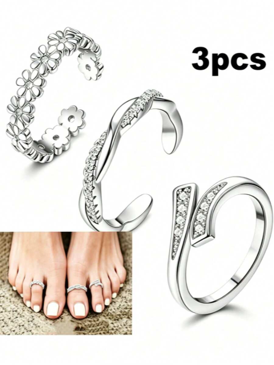 3 piezas Anillos de dedo del pie abiertos y ajustables, Anillos de dedo del pie con flores de strass, Diseño de nicho de lujo, Versatilidad de capas - Plateado - Ver 1