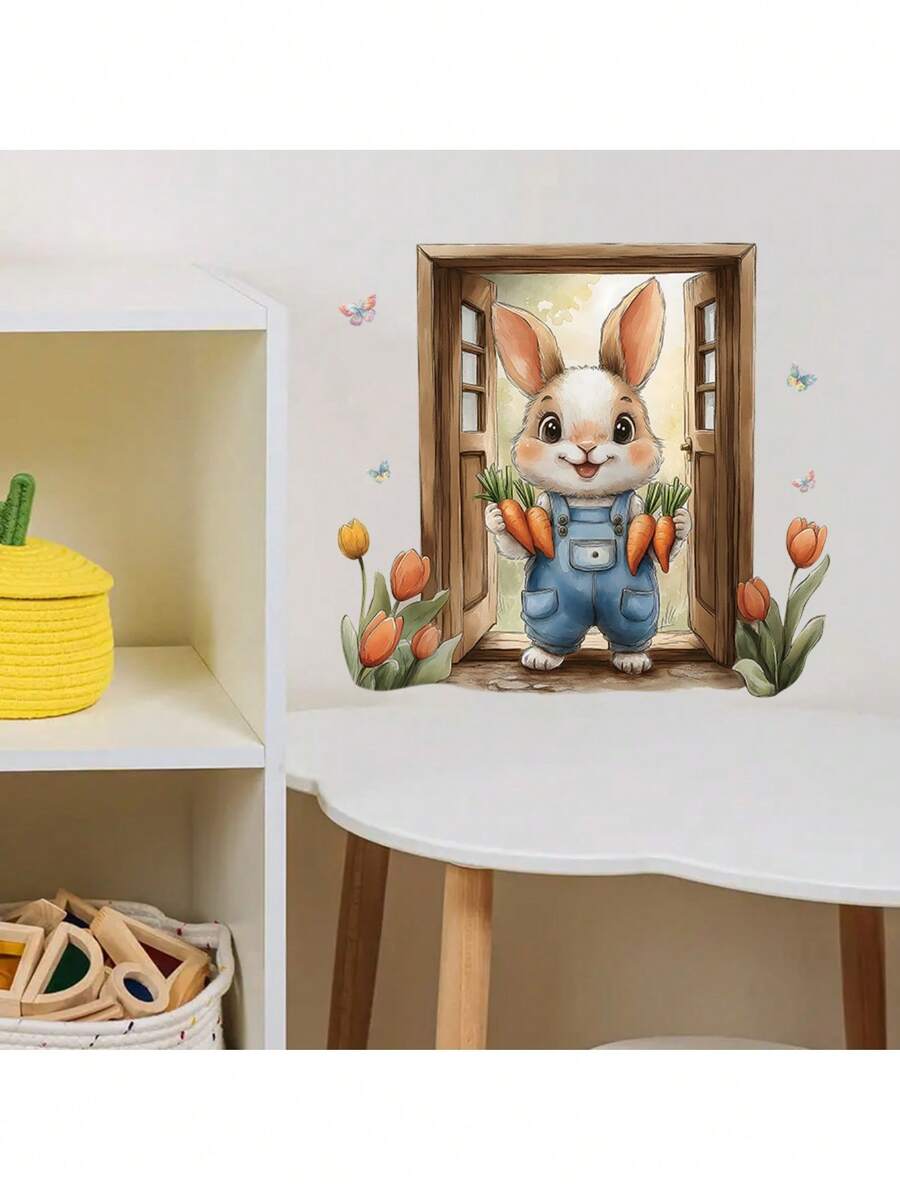 1pc Spring Rabbit & Tulip Wall Sticker, Warm Garden Decal For Bedroom & Entryway, Removable Self-Adhesive PVC Peaceful Decor - Spring Rabbit and Tulip - View 1