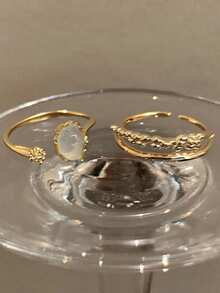 2pcs Minimalist Fashionable Elegant Daily Versatile High-End Copper Alloy Zirconia Inlaid Ring Set - Gold - View 8