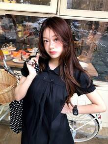 Peter Pan Collar Ruffle Petal Sleeve Preppy Doll Blouse Black Summer - Black - View 6