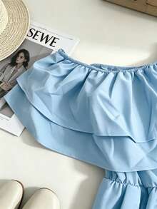 1pc Solid Color Ruffled/Flounce Knot Multi-Layer Cake Off-Shoulder Jumpsuit For School Back-To-School Party Stage And Concert All Seasons Summer - Light Wash - View 9