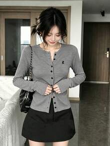 Women's Striped Casual Versatile Daily Outing Long Sleeve Cardigan Fall - Grey - View 3