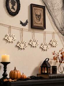 5pcs Triple Ghost Hollow Hanging Flag Garland, Halloween Autumn Harvest Thanksgiving Horror Farmhouse Country Style, Fireplace Window Front Door Wall Party Eerie Autumn Holiday Porch Living Room Indoor Seasonal Decor Hanging Ornament Gift - Multicolor 3 - View 5