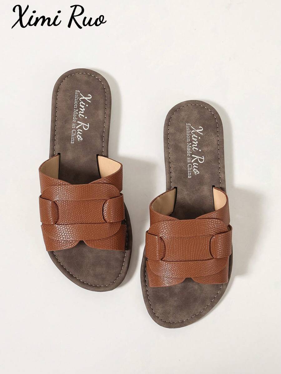 Ximi Ruo Korean Style Casual Flat Slide Sandals For Women, Open Toe Woven Roman Sandals, Spring Summer New Fashion French Style Brown Flat Slippers For Beach, Apartment, Outdoor Wear, Matching With Skirts - Brown - View 1