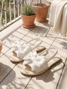 1 Pair 2026 New Girls' Slippers, Fabric Material With Bowknot, Backstrap Design, Suitable For Summer Outings And Matching - White - View 7