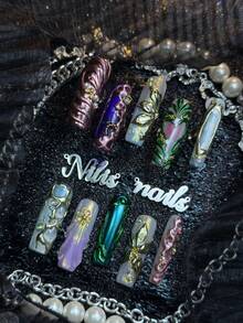 10 piezas de uñas postizas cuadradas largas totalmente cubiertas hechas a mano, de color púrpura&verde&azul claro&dorado, reutilizables, estilo de lujo barroco sirena, adecuadas para festivales, banquetes de cumpleaños, estilo diario, cosplay, con pegamento de gelatina y lima de uñas - Multicolor - Ver 2