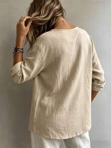 Women's Elegant Long Sleeve Button-Up Shirt, Regular Fit Solid Color Top, Suitable For Spring And Autumn, Casual Vacation Style Regular Hem Top - Khaki - View 5