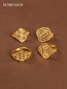 1pc Handcrafted Geometric Auspicious Cloud Pattern Adjustable 24K Gold Plated Ring, Suitable For Women, No Packaging Included - Square and Circle Series - View 1