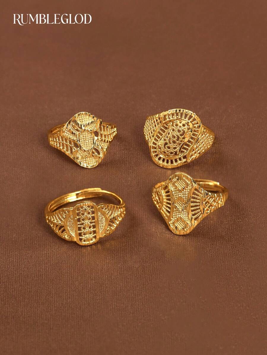 1pc Handcrafted Geometric Auspicious Cloud Pattern Adjustable 24K Gold Plated Ring, Suitable For Women, No Packaging Included - Square and Circle Series - View 1