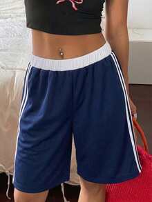 1件青少年女孩運動休閒口袋對比色短褲，百慕達長度，春秋冬季，校園風 - 藏蓝色 - 查看 6