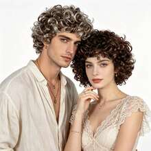 Peruca Afro Encaracolada Sintética com 2 Cores Opcionais para Homens e Escuro Sólido e Marrom com Mechas Loiro Platina, Curta e Fofa Estilo Explosão, para Festa Disco de Feriado, Fantasia Retrô de Cosplay, Carnaval, Uso Diário e Halloween - Multicolorido - Visão 2