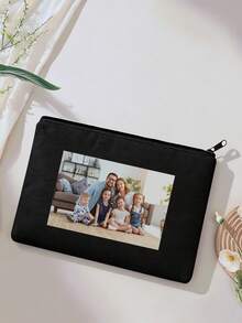 Picture Printed 1pc Personalized Canvas Bag, Unique Customizable Design With Photos, Scenery Or Illustration, Foldable, Large Capacity, Lightweight, For Anniversaries, Christmas, Customized Toiletry Bags, Travel Essential, Boho Chic, Aesthetic - Black - View 2