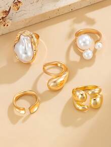 1 Set 5pcs Y2K Sweet Cool Premium Gold Asymmetrical Faux Pearl Stackable Rings Set, Suitable For Women's Daily Commute, Vacation, Travel, Versatile Accessory - Gold - View 5