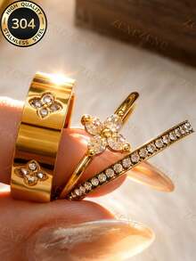ZCNC Znice 2026 New 304 Stainless Steel 18K Gold Plated Stackable Ring Set, Women's Style, 3pcs Clover And Full Diamond Personalized Rings, Hypoallergenic Minimalist Jewelry, Perfect Mother's Day Gift, Summer Vacation Accessory - Gold - View 10