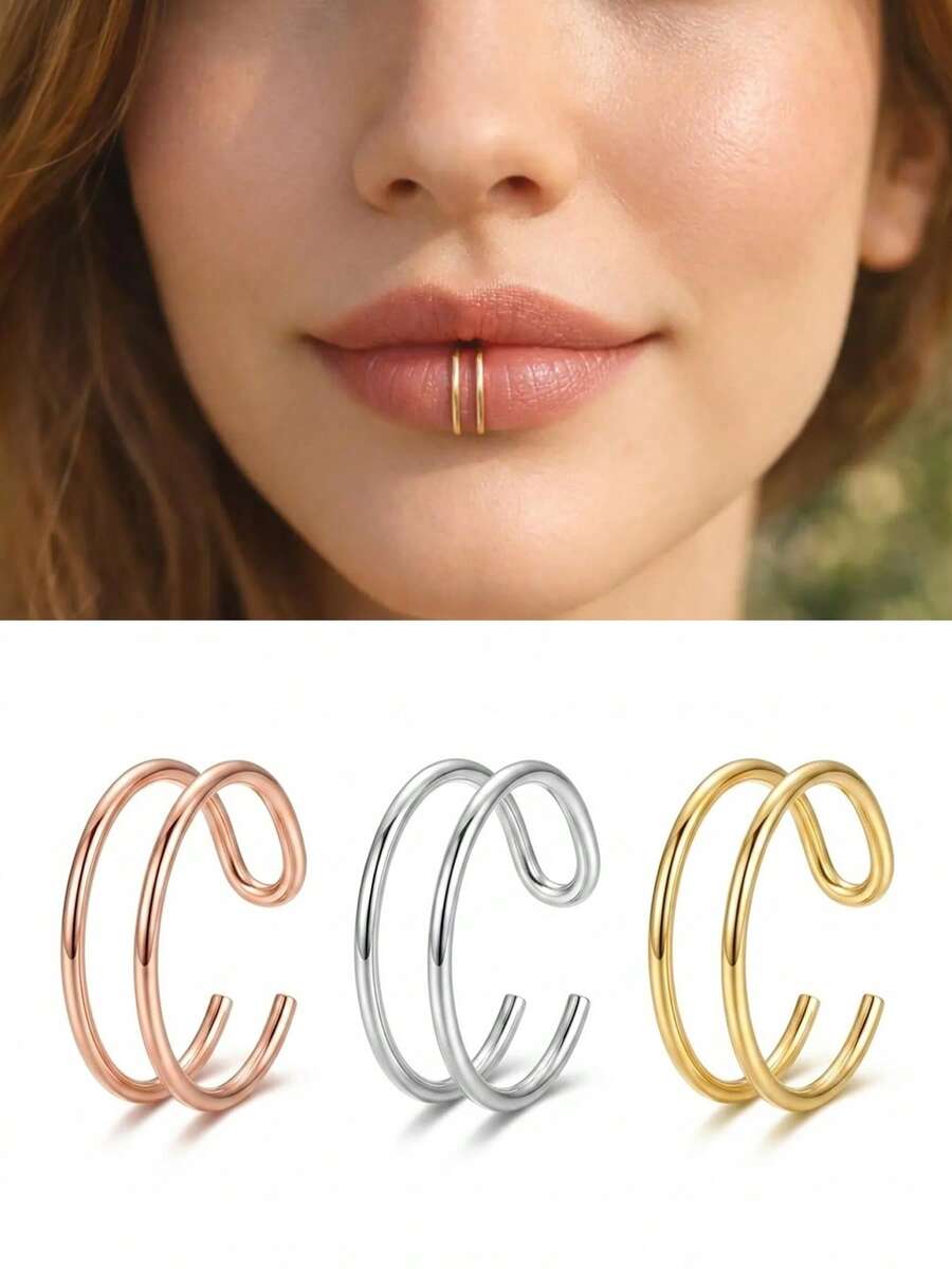 1pc Double Lip Ring Gold/Silver/Rose Gold - Non-Pierced Lip Ring, Thin Lip Jewelry, Fake Lip Stud, Minimalist Body Jewelry - Multicolor - View 1