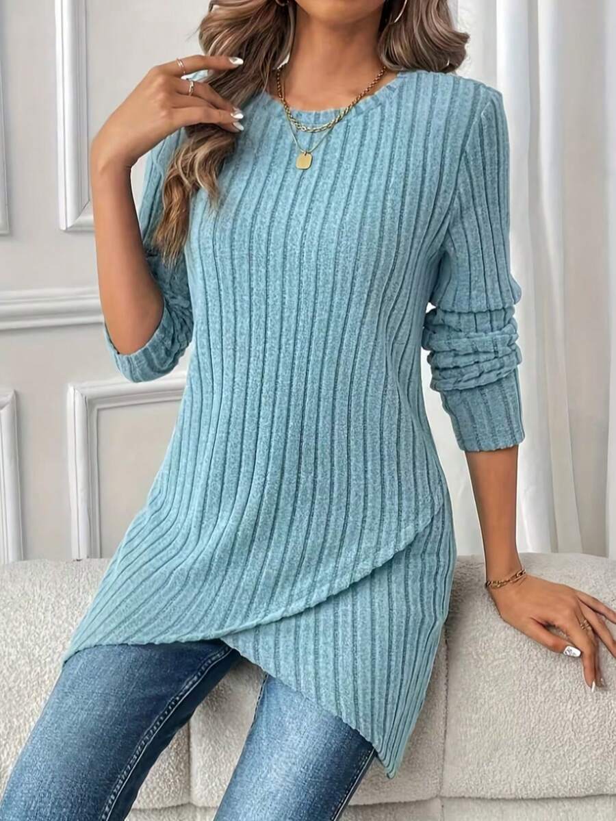 Women's Ribbed Knit Top, Asymmetrical Hem, Long Sleeve Round Neck Casual Cinched Waist Top, Suitable For Autumn/Winter Wear - Sky Blue - View 1